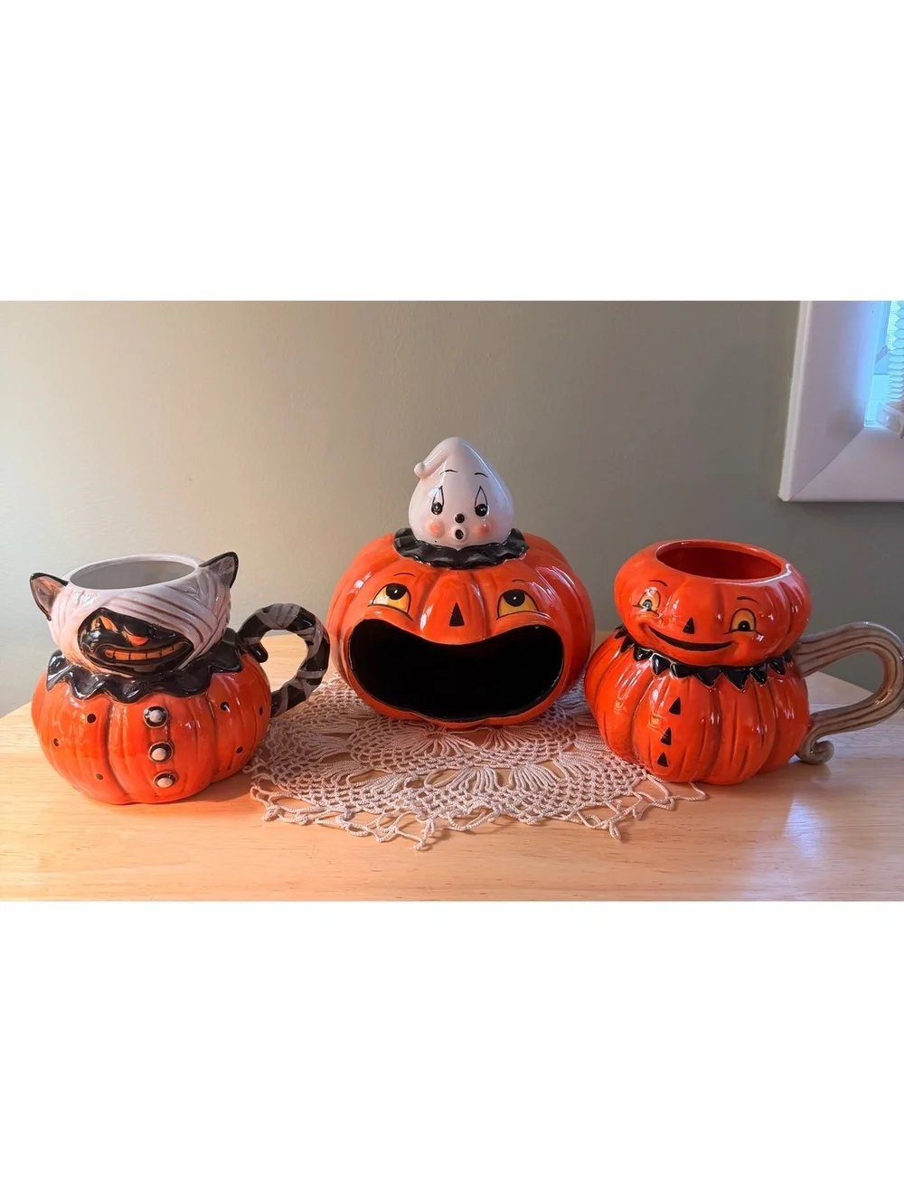 Halloween Ceramic Pumpkin and Ghost Mug Set - 3 Pieces
